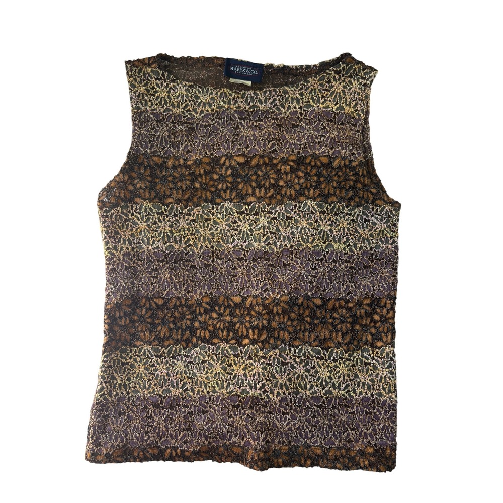 Maryk & Co. Vintage Floral Lace Striped Sleeveless Tank Top Brown Purple Gold M